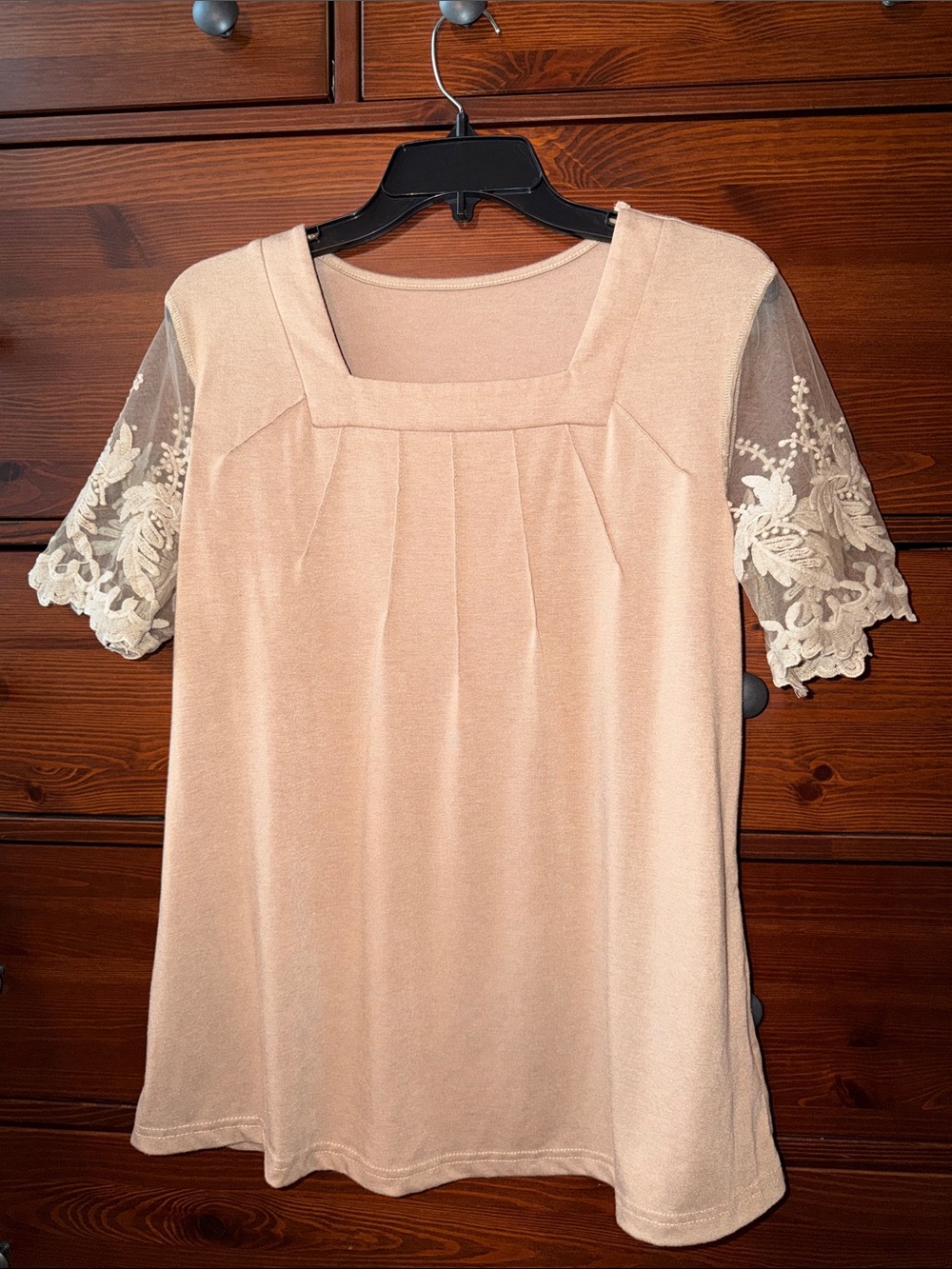 Warm Coffee Brown Lace Sleeve Top | Medium | Boho Neutral Minimalist